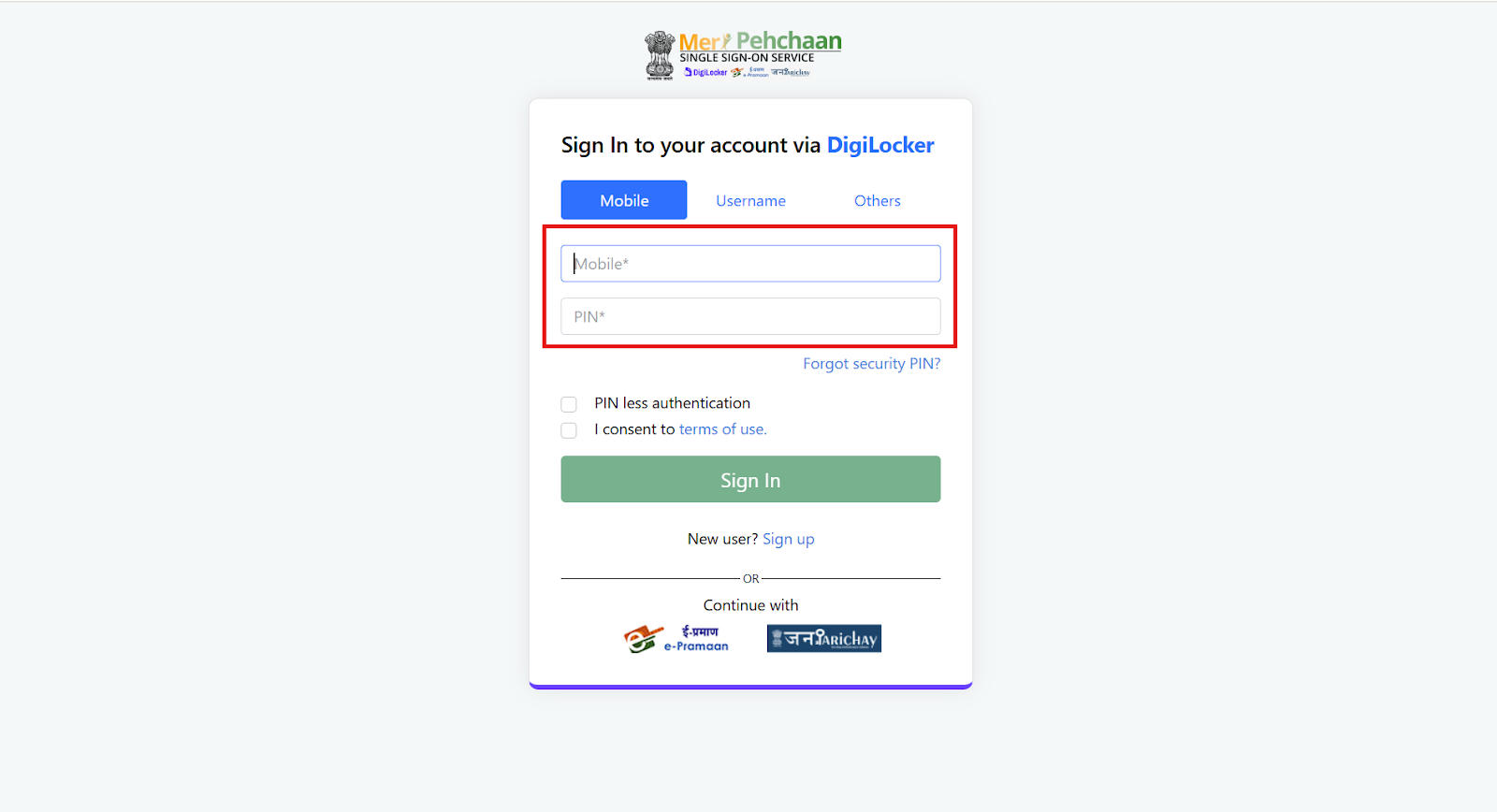 Entering mobile number in DigiLocker Page