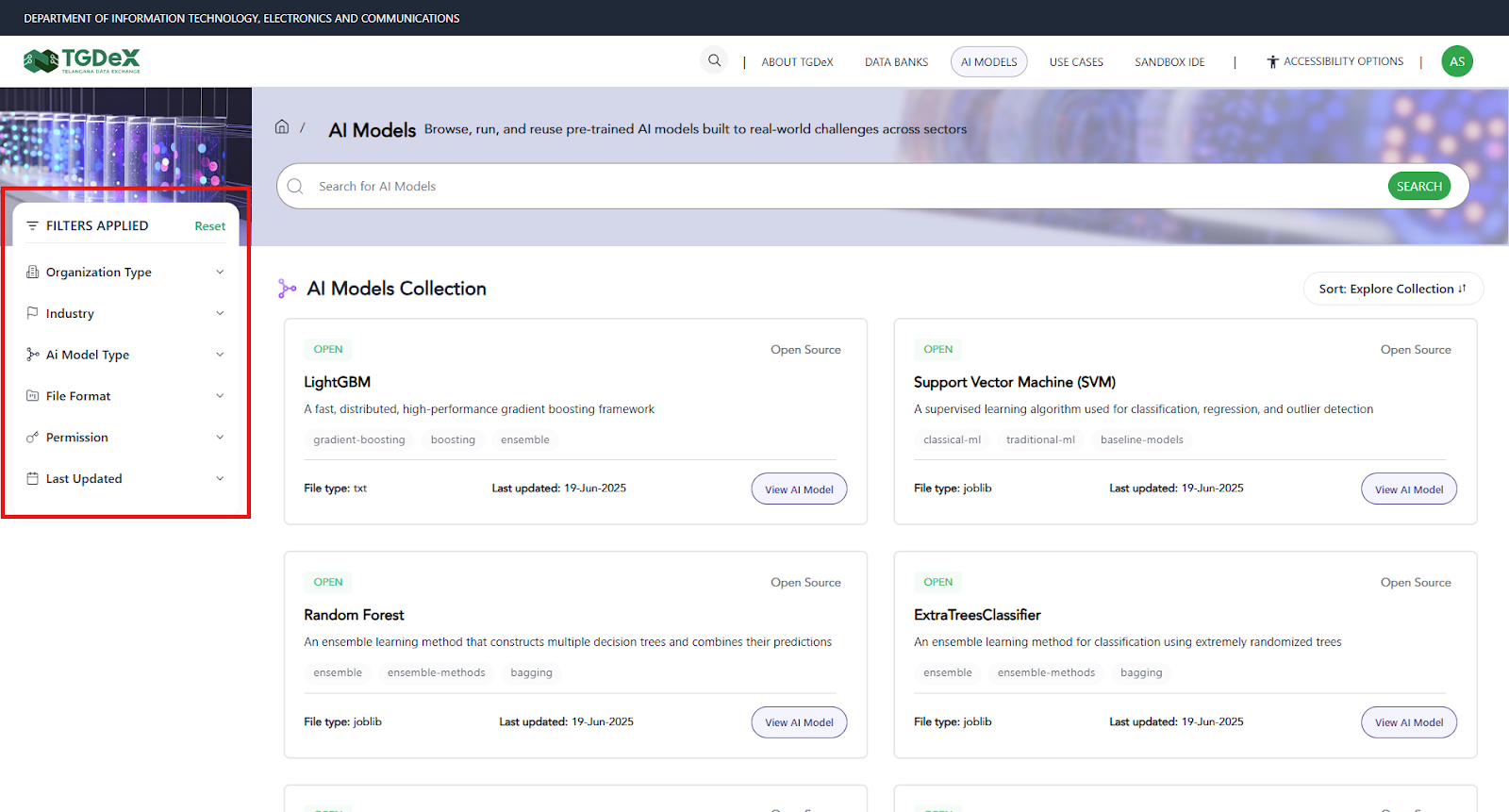 AI Models Filter options